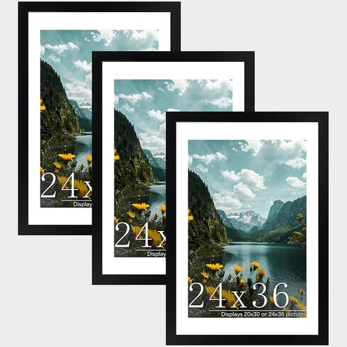 Picrit 18x24 Picture Frame 3 Pack, Black Poster Frame, Display Poster 16 x 20 with Mat or 18 x 24 Without Mat for Horizontal or Vertical Wall Mounting in Kuwait