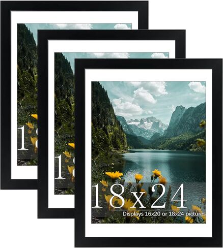 Picrit 18x24 Picture Frame 3 Pack, Black Poster Frame, Display Poster 16 x 20 with Mat or 18 x 24 Without Mat for Horizontal or Vertical Wall Mounting in Kuwait