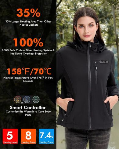 ARRIS Women's Heated Jacket Waterproof, Electric Heating Coat with 7.4V Battery and Detachable Hood - 8 Heating Areas in Saudi Arabia