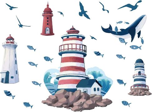 SUPERDANT Lighthouse Wall Stickers Seagull Ocean View Decals Stickers Whale Vinyl DIY Decor Art for Kids Bedroom Baby Nursery Playroom Living Room Home TV Wall Decor in Saudi Arabia