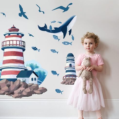 SUPERDANT Lighthouse Wall Stickers Seagull Ocean View Decals Stickers Whale Vinyl DIY Decor Art for Kids Bedroom Baby Nursery Playroom Living Room Home TV Wall Decor in Saudi Arabia