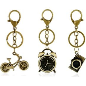 Vintage Bronze Metal Cute Keychain, 3 Pieces Set Craft Stylish Key Ring Pendant Funny Key Chain Charm Gift Accessories for Men Women (Clock/Bicycle/Camera), Small Size