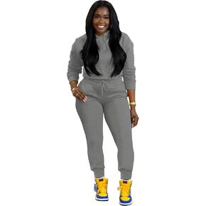 TOPSRANI ملابس نسائية مكونة من قطعتين بدلة رياضية بودي كون بدلة رياضية بغطاء للرأس سادة للركض وراكبي الدراجات النارية وأكمام طويلة أطقم بناطيل رمادي غامق S in Kuwait