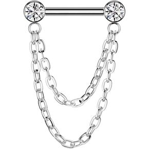 Pierced Owl 16GA ASTM F-136 Implant Grade Titanium Threadless Push-In CZ Crystal with Double Dangling Chains Barbell Stud