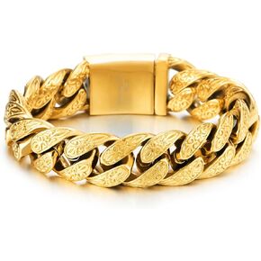 COOLSTEELANDBEYOND Mens Fancy Gold Color Steel Tribal Tattoo Pattern Curb Chain Bracelet with Spring Box Clasp