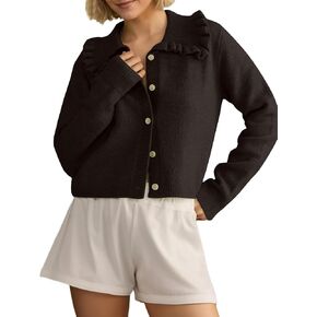 Women Ruffle Collar Button Down Cropped Cardigan Long Sleeve Open Front Knit Sweaters Peplum Sweater Crop Jacket Tops
