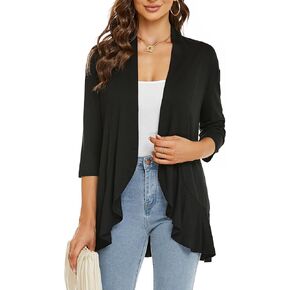 YnimioAOX Women's Cardigan Sweaters Lightweight Open Front 3/4 Sleeves Draped Ruffles Cropped Knit Slim Fit Cardigan