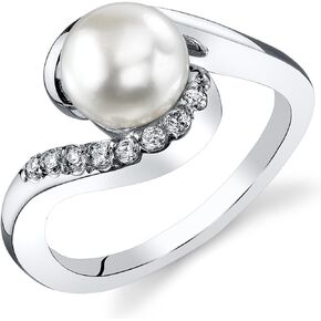 PEORA Freshwater Cultured White Pearl Bypass Ring in Sterling Silver, 7mm Round Button Shape, Comfort Fit, Sizes 5 to 9