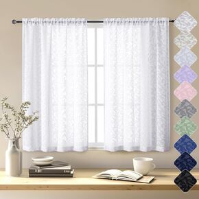 Chyhomenyc White Short Curtains for Windows 45 Inch Length 2 Panels, Clip Jacquard Textured Window Curtain Panels for Bedroom Living Room, Leaf Rod Pocket Farmhouse Curtains, 42" Wx45 L, 2 Panels