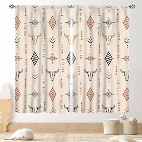 Western Curtains, Rustic Retro Aztec Bull Skull Southwest Tribal Ethnic Farmhouse Rural County Cowboy Boho Beige Western Window Drape Treatments for Bedroom Living Room Kitchen, 42"x45" Inch