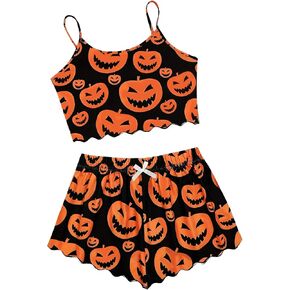 EVELUST Women Pumpkin Print Pajama Set - Thanksgiving Lettuce Trim Crop Top High Waist Shorts Loungewear Cute Sleepwear