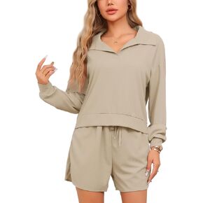 cheibear Womens Waffle Knit Pajama Set Top and Shorts Lounge Set Long Sleeve Outfits Loungewear Pj Sets with Pockets