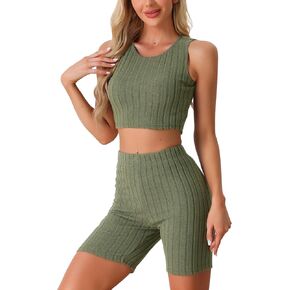 cheibear Womens Sleeveless Outfits Sets Ribbed Knit Crop Tank Top with Jogger Biker Shorts Pjs Lounge Set