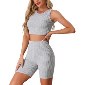 cheibear Womens Sleeveless Outfits Sets Ribbed Knit Crop Tank Top with Jogger Biker Shorts Pjs Lounge Set in Kuwait