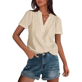 PRETTYGARDEN Women's Summer Tops 2025 Casual Short Sleeve V Neck Cotton Shirts Dressy Pleated Basic Tunic Work Blouses