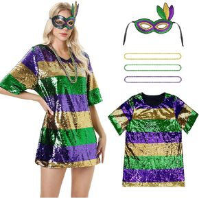 Mardi Gras Outfit for Women - Crew Neck Short Sleeve Mardi Gras Shirts Loose Top