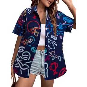 Game Day Shirt Women Funny Sunday Football Season T-Shirt Football Lover Tees Causal Button Down Blouses Short Sleeve Tops