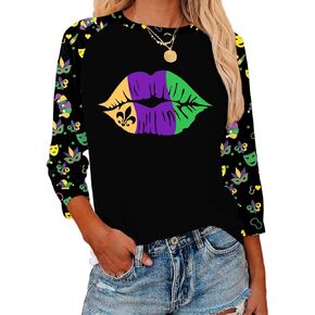 Mardi Gras Shirts for Women: Carnival Graphic 3/4 Sleeve New Orleans Mardi Gras Party Outfits Fat Tuesday Tops