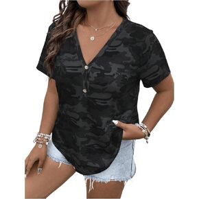 Women's Plus Size Tops Short Sleeve Camo Tee Loose Fit Half Button V Neck Tees Shirts