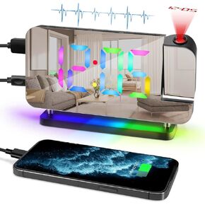 Jhua Projection Alarm Clock Radio, Digital Alarm Clocks for Bedrooms Ceiling with 11 RGB Digital and 10 RGB Light, 9" LED Digital Alarm Clock with USB Charger Port, 180° Projector, 6 Dimmer