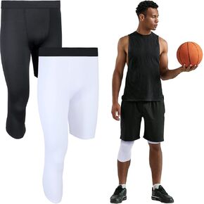 2 Packs Men's Football 3/4 One Leg Compression Tights Unisex Leggings Athletic Base Layer for Football Basketball Sports