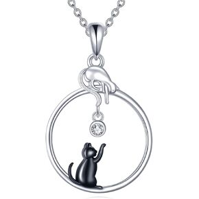 Cat Necklace for Women 925 Sterling Silver Heart Necklace Abalone Shell Cat Pendant Jewelry Gifts for Mom