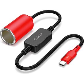 J&D USB C ذكر إلى 12 فولت مقبس ولاعة سجائر السيارة أنثى كابل محول، كابل طاقة 12 فولت 18 وات لكاميرا داش كام، نظام تحديد المواقع العالمي، شرائط إضاءة LED للسيارة، أحمر، 1 قدم