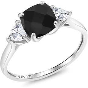 Gem Stone King 10K White Gold Black Onyx and White Moissanite 3-Stone Engagement Ring For Women (1.93 Cttw, 7MM Cushion Checkerboard and 4MM Trillion, Available In Size 5, 6, 7, 8, 9)