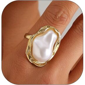 Baroque Pearl Ring for Women Adjustable Irregularity Pearl Statement Ring Vintage White Big Pearl Faux Pearl Finger Ring Fashion Wedding Jewelry