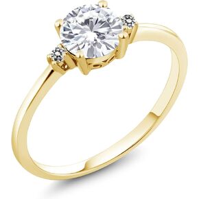 Gem Stone King 10K Yellow Gold White Moissanite and White Diamond Solitaire Engagement Ring For Women 0.83 Cttw, Round 6MM, Gemstone Birthstone