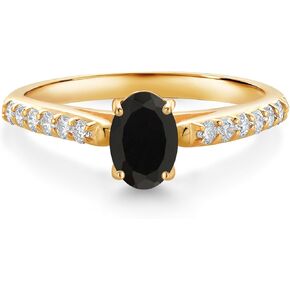 Gem Stone King 10K Yellow Gold Black Onyx and White Lab Grown Diamond Engagement Ring For Women (0.88 Cttw, Oval 7X5MM, Gemstone December Birthstone, Available In Size 5, 6, 7, 8, 9)
