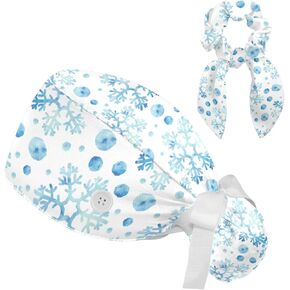 Adjustable Working Cap with Bow Hair Matching Scrunchy, Winter Blue Snowflake Surgical Cap Sweatband, Tie Back Hat