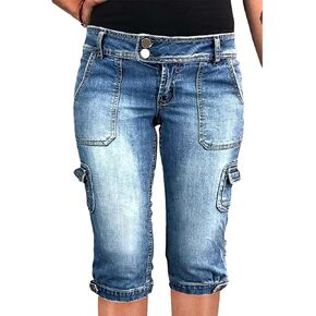 Flamingals Women's Star Flap Pocket Side Vintage Summer Low Waist Skinny Cargo Capris Jeans