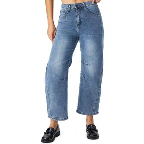 roswear Women's Barrel Jeans High Waisted Stretchy Wide Leg Cropped Boyfriend Denim Jeans