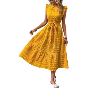 SISKIN Summer Casual Flutter Short Sleeve Midi Dress,Solid Ruffle Trim Belted Dress,Boho Dresses for Women 2025 Spring Casual