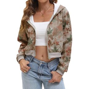 Women Y2k Maple Leaf Camo Zip Up Crop Hoodie Jacket Floral Print Fleece Hooded Sweatshirts Jumper Fall Workout
