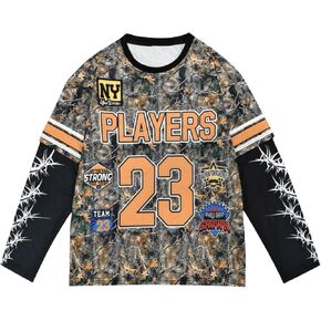 Men's Number Graphic Tees Long Sleeve Crew Neck 2 in 1 Tee Shirt Jersey T Shirt