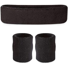 Suddora Black Sweatband Set - (1 Headband and 2 Armbands) - Athletic Cotton Terry Cloth Sweatbands for Sports