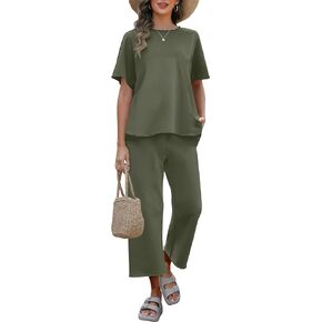 ANRABESS Women's 2 Piece Outfits 3/4 Batwing Sleeve Top Wide Leg Crop Pants Sets 2025 Summer Beach Travel Lounge Set Clothes