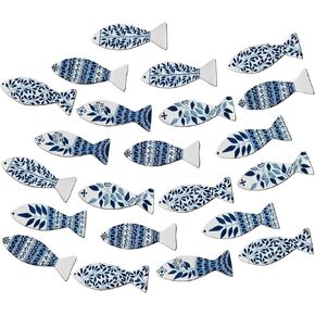 Wesiti 20 Pcs Wooden Chinoiserie Fish Beach Wall Decor Blue floral Fishing Wall Art Wood Hanging Nautical Wall Decor Coastal Grandma Wall Art Summer Decorations for Lake House Bathroom Ocean Room Home