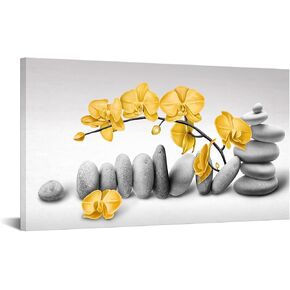 Artmyharbor Orchids Large Wall Art Yellow and Grey Pictures Wall Decor Zen Stones Artwork Mustard Yellow Flower Picture for SPA Bathroom Meditation Room 24"X48"
