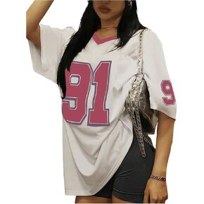 Women's Jersey Oversized Graphic Y2K T Shirts Number Print V Neck Drop Shoulder Streetwear Tee Tops