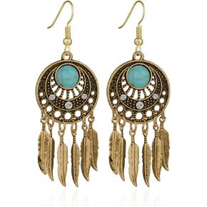 Boho Turquoise Drop Earrings Retro Long Copper Feather Tasse Metal Leaf Dangle Earrings Vintage Country Western Jewelry Cowgirl Ethnic Style Geometric Concert Festival Accessories for Women