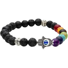 Jovivi 7 Chakras Gemstone Beaded Crystal Bracelet Hamsa Hand Evil Eye Natural Lava Rock Stone Essention Oils Diffuser Reiki Healing Balancing Round Beads Bracelet