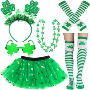 Ibeauti St. Patrick's Day Costume Accessories for Women Green Striped Socks Arm Warmer Tutu Skirt Shamrock Headband Necklace Glasses