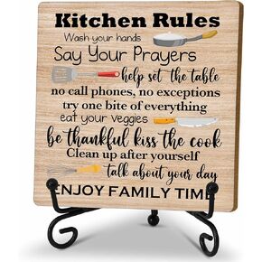 Zmyollo Kitchen Desk Decor Sign, Rustic Kitchen Wooden Sign With Stand, Kitchen Rules Sign For Farmhouse Home Kitchen Bar Shelf Table, Gifts For Family Friend Woman Man, C17