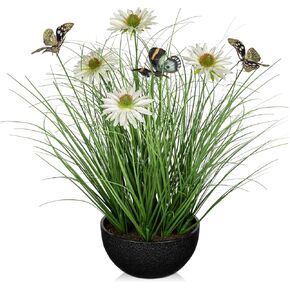 Artificial Plants Indoor with Pot, 17.3" Fake Potted Plants Artificial Onion Grass Plant with Yellow Daisies Flowers and Butterflies Small Faux Plant Indoor for Home Living Room Table Shelf Decor