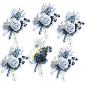 Set of 6 Boutonniere for Men, Blue Roses Boutonnieres for Best Men Groom Groomsmen, Artificial Flowers for Wedding Party Prom Decoration Light Blue Dusty Blue