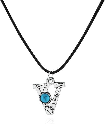 Silver Initial Necklace for Men Women Vintage Turquoise Initial Necklace A-Z26 Letter Pendant Necklace Western Cowboy Style Initial Necklace Leather Silver Initial Necklace in Saudi Arabia