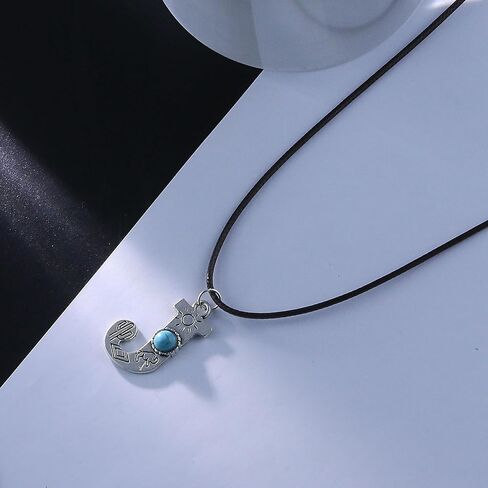 Silver Initial Necklace for Men Women Vintage Turquoise Initial Necklace A-Z26 Letter Pendant Necklace Western Cowboy Style Initial Necklace Leather Silver Initial Necklace in Saudi Arabia